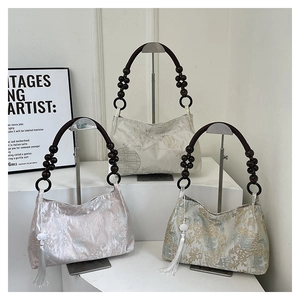 New Chinese Style Jacquard Satin Shoulder Bag For Women Vintage Wooden Bead Handle Handbag With Tassel Elegant Floral Bag