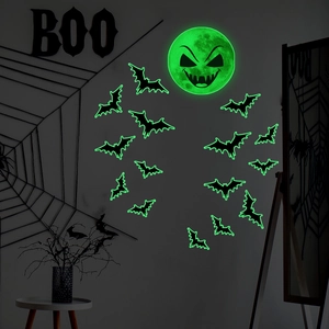 Luminous Halloween wall stickers featuring a scary green glow moon and bat silhouettes