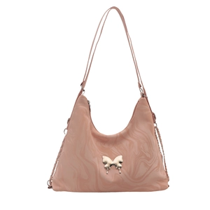 Pink marble-textured soft PU shoulder bag with liquid metal butterfly buckle