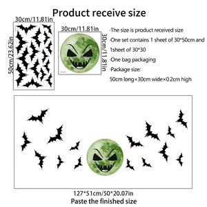 Luminous Halloween wall stickers set with green moon and bats size specifications