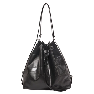 Minimalist black leather patchwork tote bag with drawstring closure and slim shoulder straps