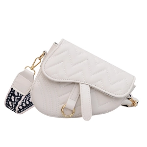 Classic white leather saddle bag with V-quilted pattern and logo fabric strap