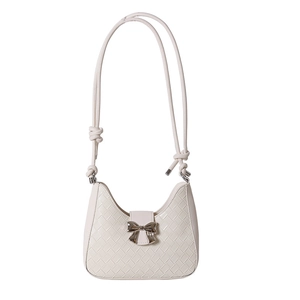 Chic cream-white crescent shoulder bag with woven texture and metal bow detail