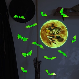 Luminous Halloween wall stickers set with green glowing moon witch and bats for home decor