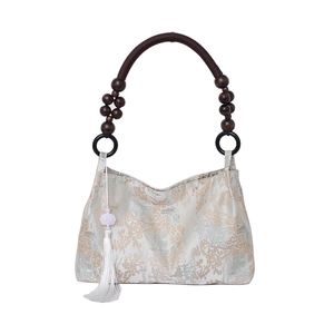 Chinese style jacquard handbag with traditional landscape pattern and wood bead handle
