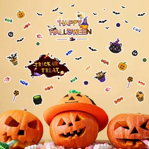 Detailed view of Halloween wall stickers with pumpkins, bats, and festive candy patterns