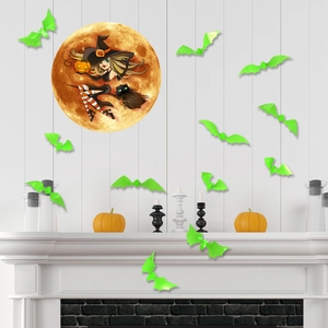 Luminous Halloween wall stickers set with 3D bats and witch over yellow moon