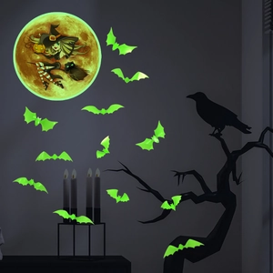 Luminous Halloween wall stickers set with glowing moon, bats and witch on dark wall