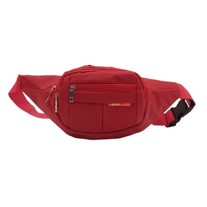 Red canvas sports waist bag with multi-pocket design and adjustable belt on white back