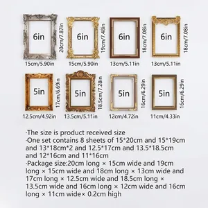 Size chart for 8 vintage style photo frame stickers with detailed dimensions in inches