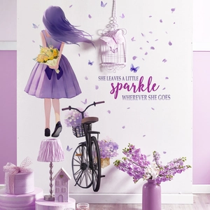 Purple Girl On Bicycle Wall Stickers PVC Removable Decals With Butterflies And Inspirational Quote For Home Decor