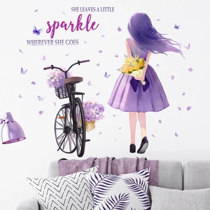 Purple girl bicycle wall decal with flowers and butterflies for modern living room decor