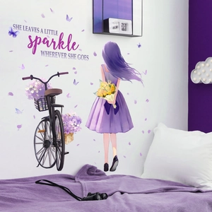 Girl on bicycle wall sticker with lavender flowers and inspirational purple quote
