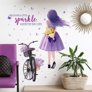 Girl on bicycle wall sticker with purple butterflies and sparkle quote for home decor