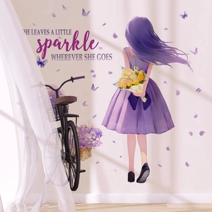 Creative purple girl on bicycle wall decal with flowers and sparkle quote for room decor