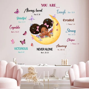 Stickers Muraux Versets Bibliques Inspirants PVC Lune Papillon Fille Afro-Américaine Décalcomanies Pour Chambre D'Enfant