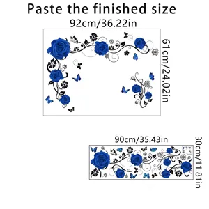 Blue rose vine and black butterfly wall sticker set measuring 92x61cm for home decor