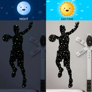 Luminous basketball player wall sticker with glowing stars for bedroom decor