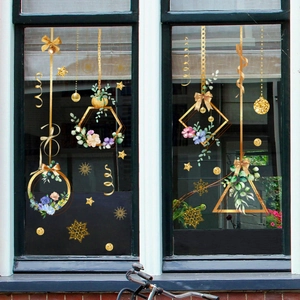 Golden geometric frames with floral motifs static window clings for home decoration