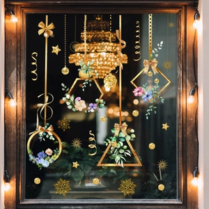 Golden geometric floral window stickers with snowflakes for warm holiday home decoration