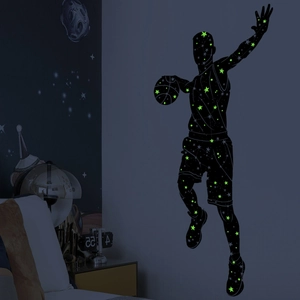 Luminous basketball player silhouette wall sticker with glowing stars for bedroom decor