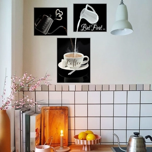Three-piece minimalist coffee wall art stickers with 'But First... Coffee' text and heart latte