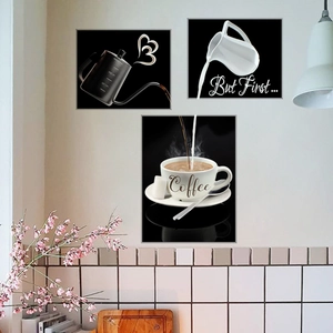 Three-piece coffee themed wall art set showing moka pot and cups in modern kitchen