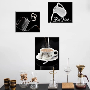 Three-piece black and white coffee art wall prints featuring brewing themes and text