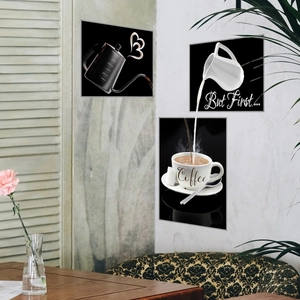 Three-piece modern coffee wall art set featuring minimalist pots and cups on black background