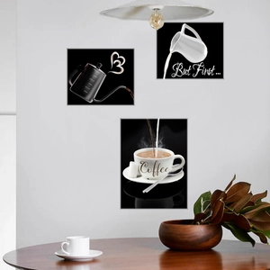 Three-piece black coffee wall art set with white illustrations and creative typography