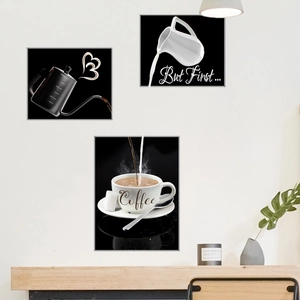 Three-piece modern minimalist coffee theme wall art set in black and white style