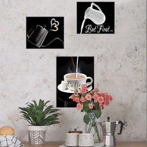 Three-piece coffee theme wall stickers with But First Coffee text for home kitchen decor