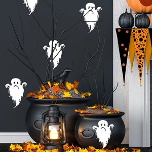 Ghost Halloween wall stickers on a black background with autumn decor and a raven
