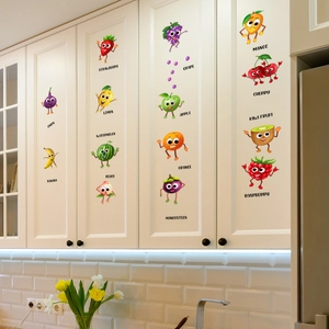 Cute cartoon fruit and vegetable wall stickers on white kitchen cabinets for decoration