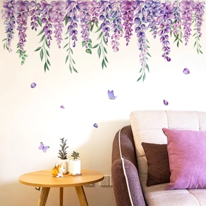Purple Wisteria Flower Vine Wall Stickers Butterfly Floral Wall Decals For Living Room Bedroom Decor Self Adhesive Wall Art