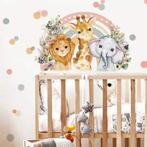Detailansicht der Wandtattoo-Set mit Löwe, Giraffe und Regenbogen im Kinderzimmer