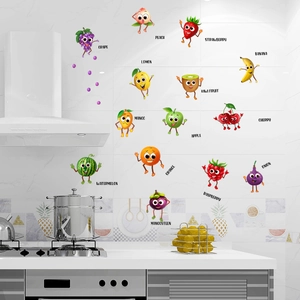 Set of 14 cartoon fruit and vegetable wall decals with names for nursery kitchen decor