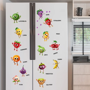 Detailed view of 14 cartoon fruit wall decals with faces on a white refrigerator surface