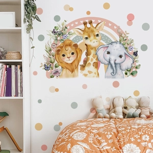 Wandtattoo Set mit Aquarell Tieren Löwe Giraffe und Elefant unter Regenbogen für Kinder