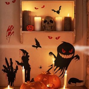 Detailed view of Halloween spooky ghost wall stickers with bloody handprints and bat decals