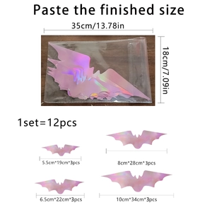 Vue détaillée de 12 stickers muraux chauve-souris laser holographiques en 4 tailles