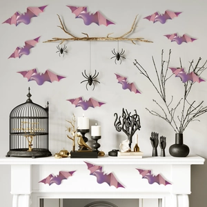 Stickers muraux 3D chauves-souris laser d'Halloween avec dégradé violet sur cheminée