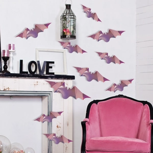 Stickers muraux chauves-souris 3D rose et violet métallisé sur fond de cheminée