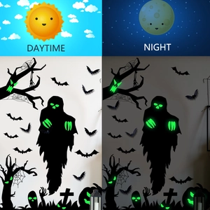Luminous Halloween wall stickers featuring glowing ghost eyes and bats in the dark