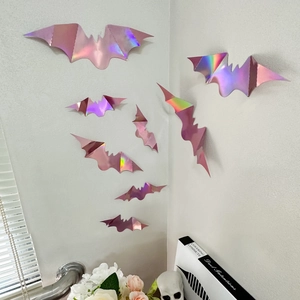Vue détaillée des autocollants muraux 3D chauve-souris rose holographique Halloween
