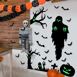 Halloween wall stickers set with glowing bats and ghosts silhouettes on white wall