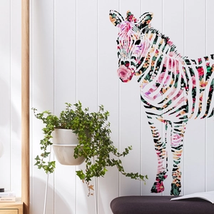 Sticker mural zèbre moderne avec motif floral coloré pour décor de salon créatif