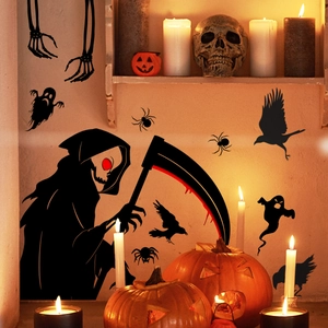 Halloween wall stickers featuring black ghost and reaper silhouettes for festive home decor