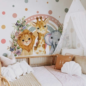 Wandsticker mit Aquarell Löwe Giraffe Elefant und Regenbogen für das Kinderzimmer