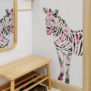 Sticker mural zèbre artistique avec motifs floraux pour décoration de salon maison